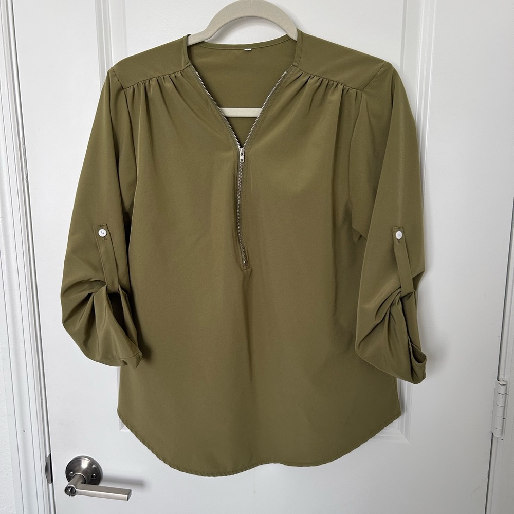 Olive Green Blouse with Zipper Detail